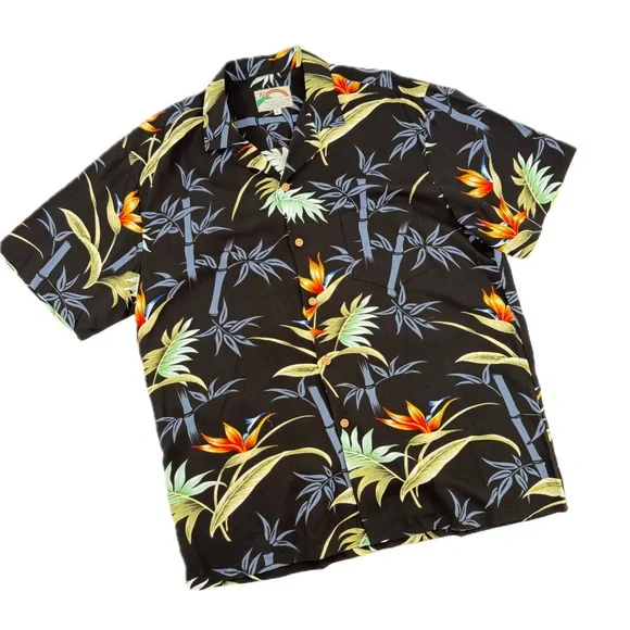 Paradise Found Hawaii Bamboo Paradise Black Hawaiian Shirt Men's Size Large - Picture 13 of 14